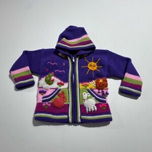 Peruvian Kids Wool Hand Knit Cardigan Hooded Full Zip Multicolor